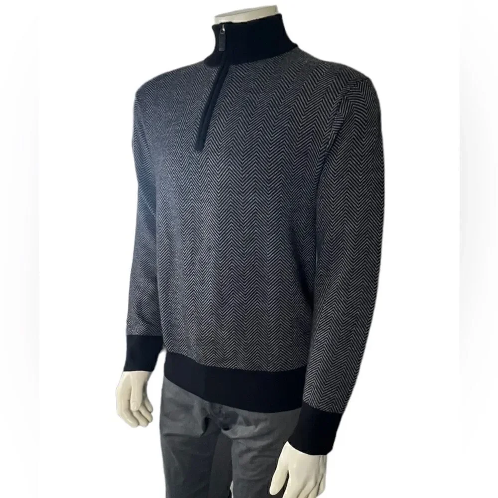 Cremieux Classics Zip Front Pullover in Gray/Black Chevron 100% Merino Wool Sz L